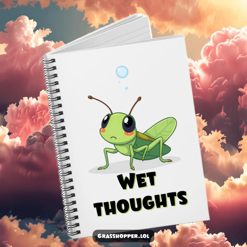 Funny kawaii grasshopper notebook showing a grasshopper surprised by a dewdrop, perfect for writing and creativity.