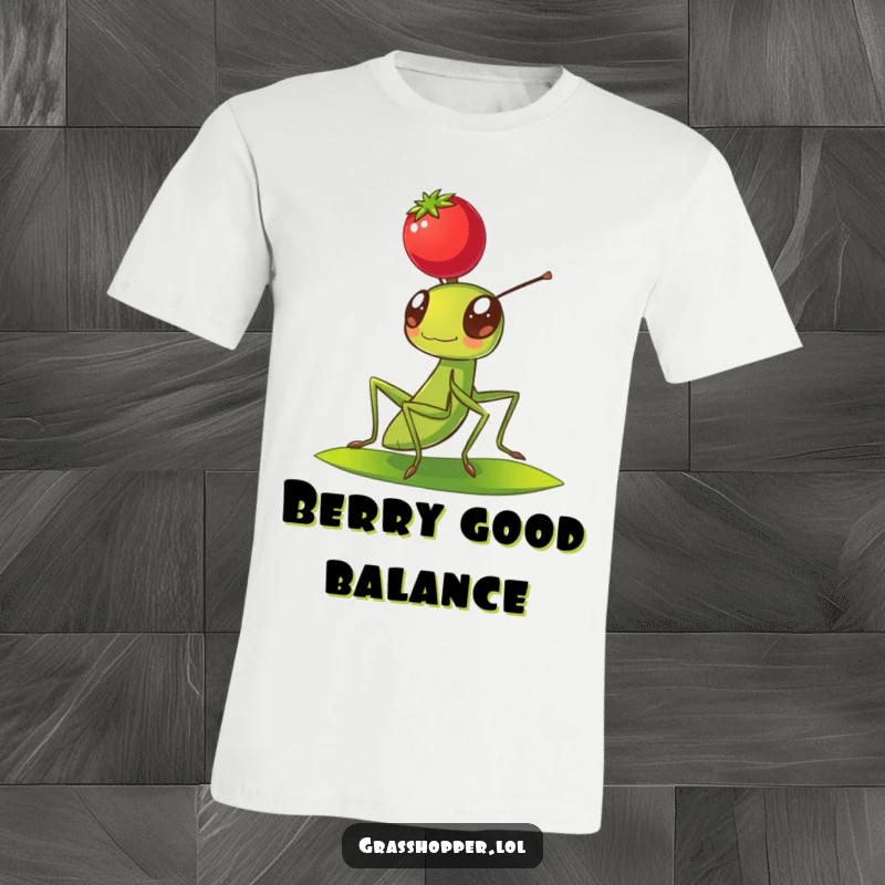 Funny Grasshopper T-Shirt with a grasshopper precisely balancing a red berry on its head, full of charm.