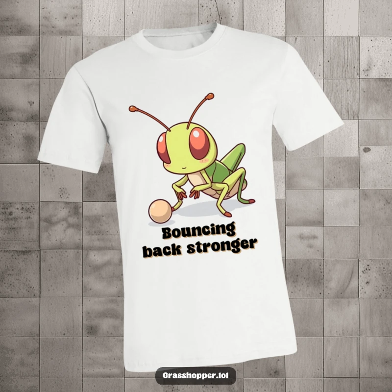 Funny kawaii grasshopper wearing a determined look, skillfully bouncing a small ball, depicted on a focused t-shirt.