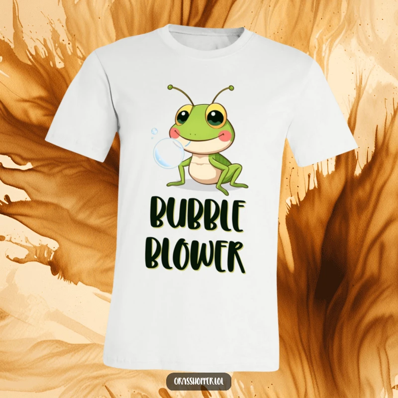 Funny grasshopper with a wide smile, blowing a large, shiny bubble, captured on a t-shirt for maximum cheer.