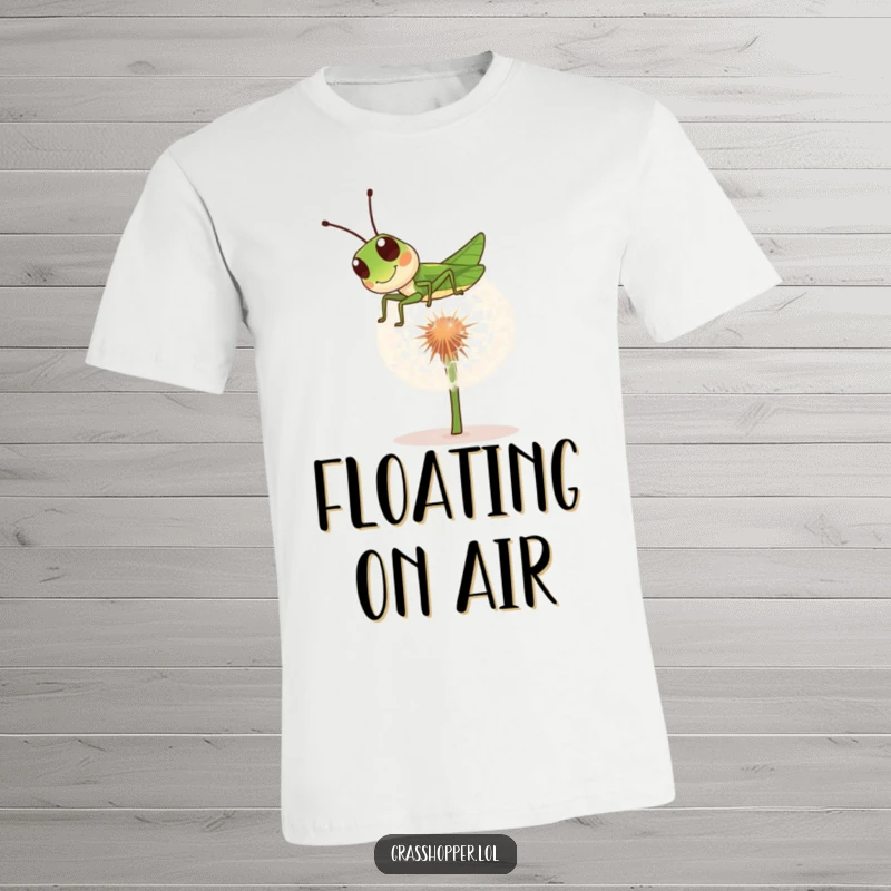 Funny grasshopper t-shirt depicting a playful insect bouncing on a dandelion puff, perfect for spreading cheer.