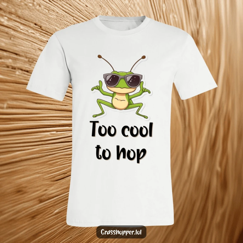 Funny t-shirt depicting a grasshopper in sunglasses striking a cool pose, perfect for showcasing style and as a funny gift.