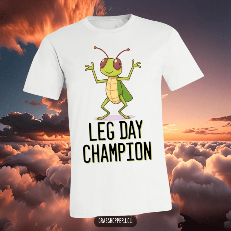 Funny grasshopper t-shirt, captured mid-celebration dance with legs kicking, full of joy and movement, a funny gift.