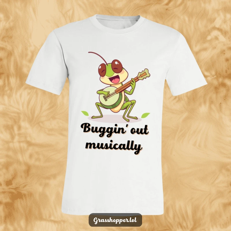 Funny grasshopper character excitedly playing a tiny leaf banjo on this t-shirt, a harmonious funny gift.