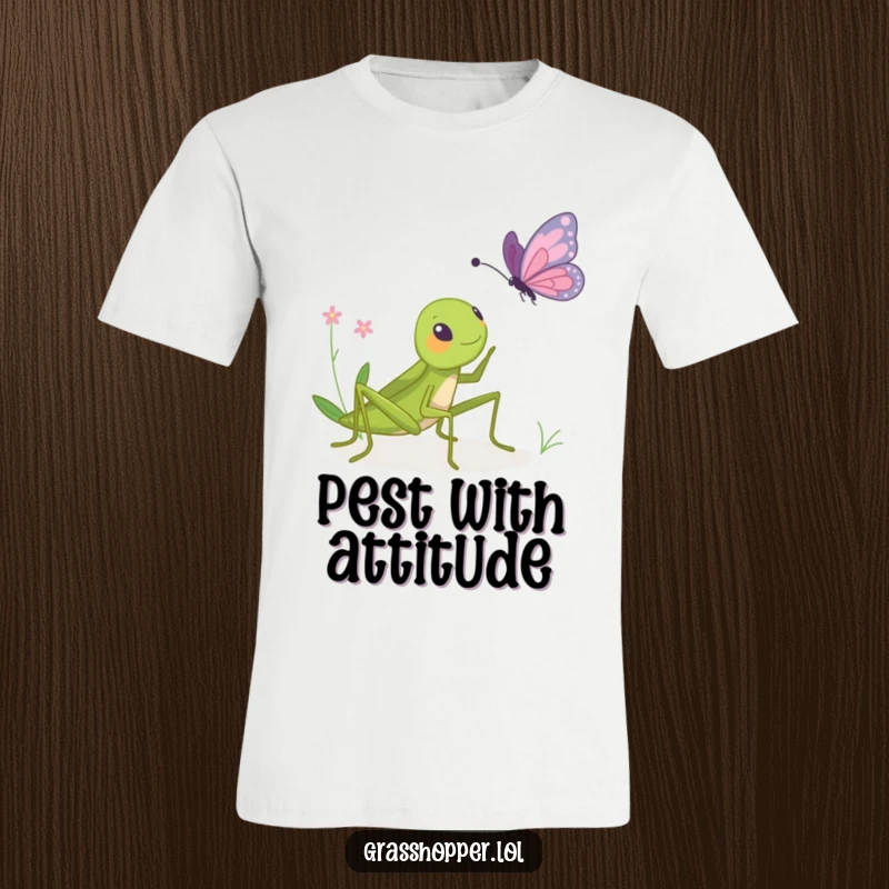 Funny t-shirt featuring a grasshopper gleefully bopping a surprised butterfly, capturing a whimsical and comical insect interaction.