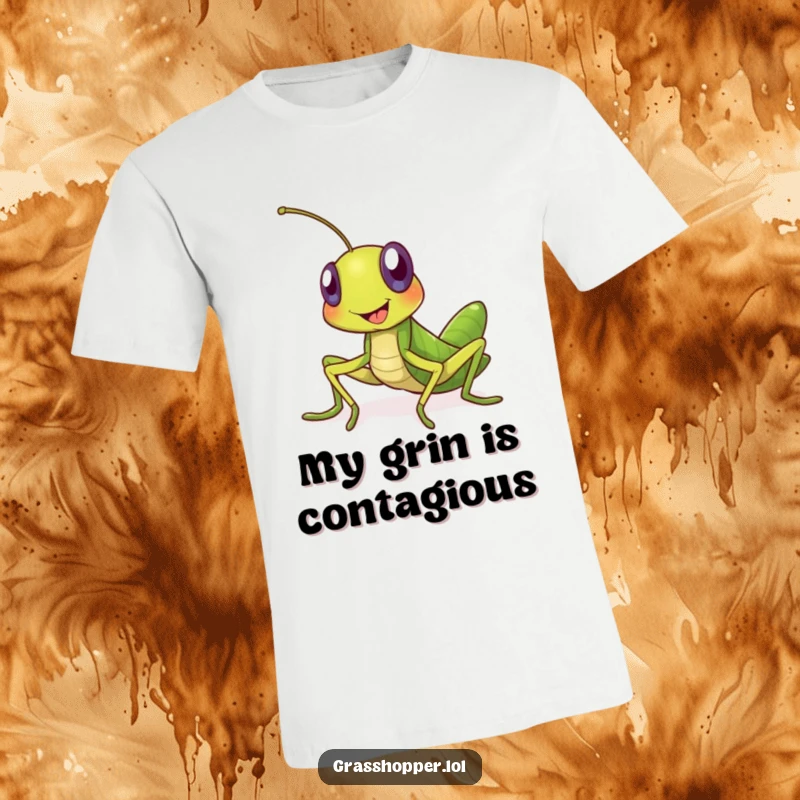 Funny grasshopper t-shirt with a large, happy smiling insect inviting others. Ideal for those who love bugs and appreciate a good funny gift.