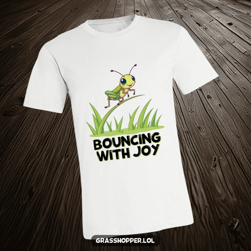 Funny kawaii grasshopper in mid-air, joyfully bouncing on a springy blade of grass, cheerful and energetic, funny shirt gift.