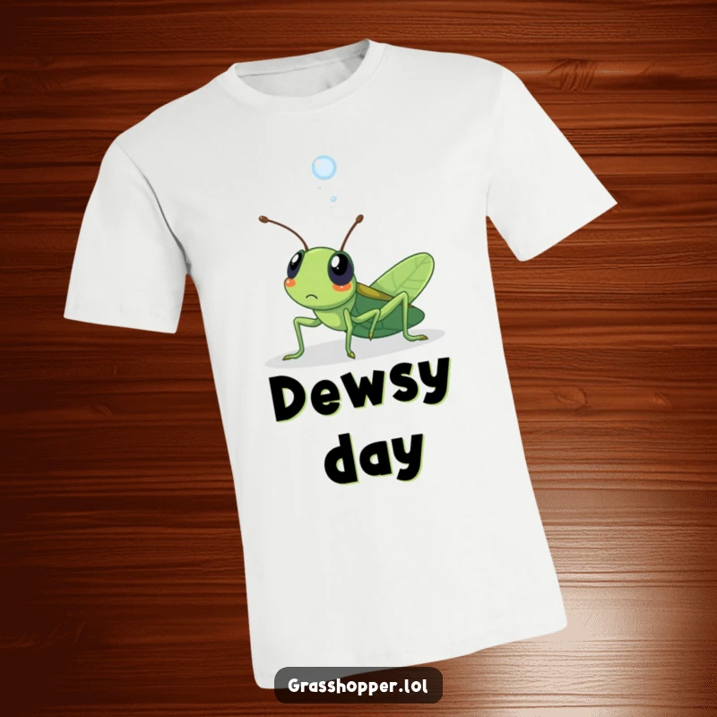 Funny kawaii grasshopper t-shirt showing a grasshopper looking surprised as a dewdrop lands on it, capturing a funny moment.