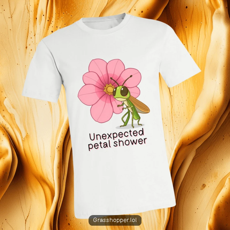 Funny grasshopper t-shirt, wide-eyed with surprise as a huge flower petal descends, perfect for nature lovers, a funny gift.