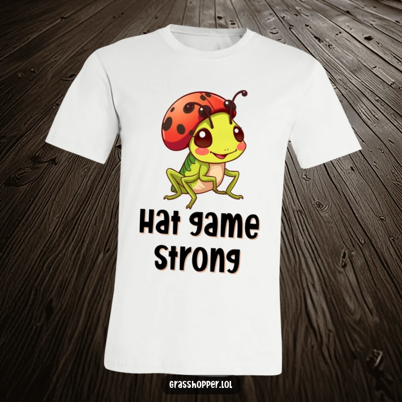 Funny, happy grasshopper wearing a ladybug as a stylish hat, cute insect friendship design, t-shirt gift.