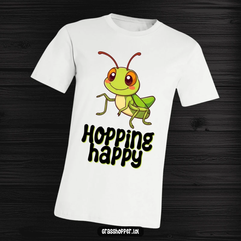Kawaii grasshopper t-shirt featuring a cute grasshopper with a silly grin, waving its antennae with excitement.