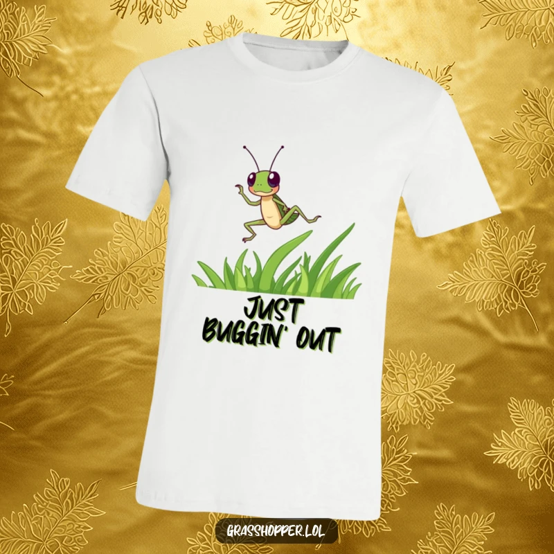 Funny grasshopper character dances energetically on a blade of grass on this t-shirt, a lively funny gift.