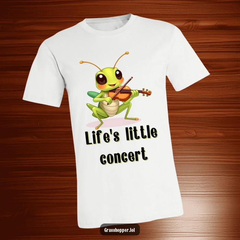 A cheerful grasshopper plays a miniature violin on this funny t-shirt, celebrating music lovers.