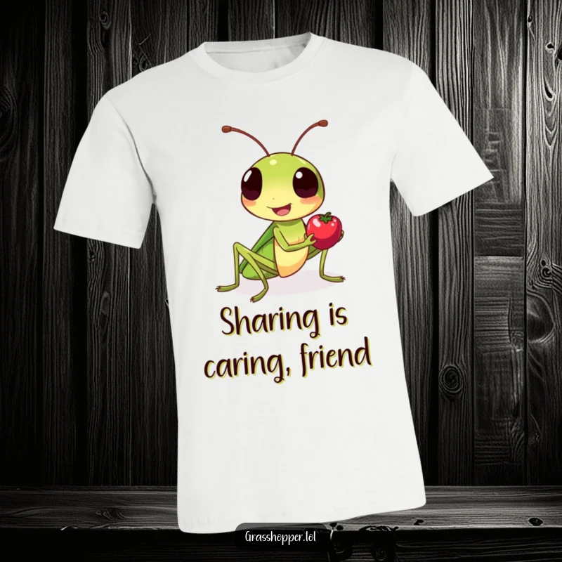 Funny grasshopper t-shirt, smiling kindly, extending a tiny berry as a gesture of friendship and sharing.