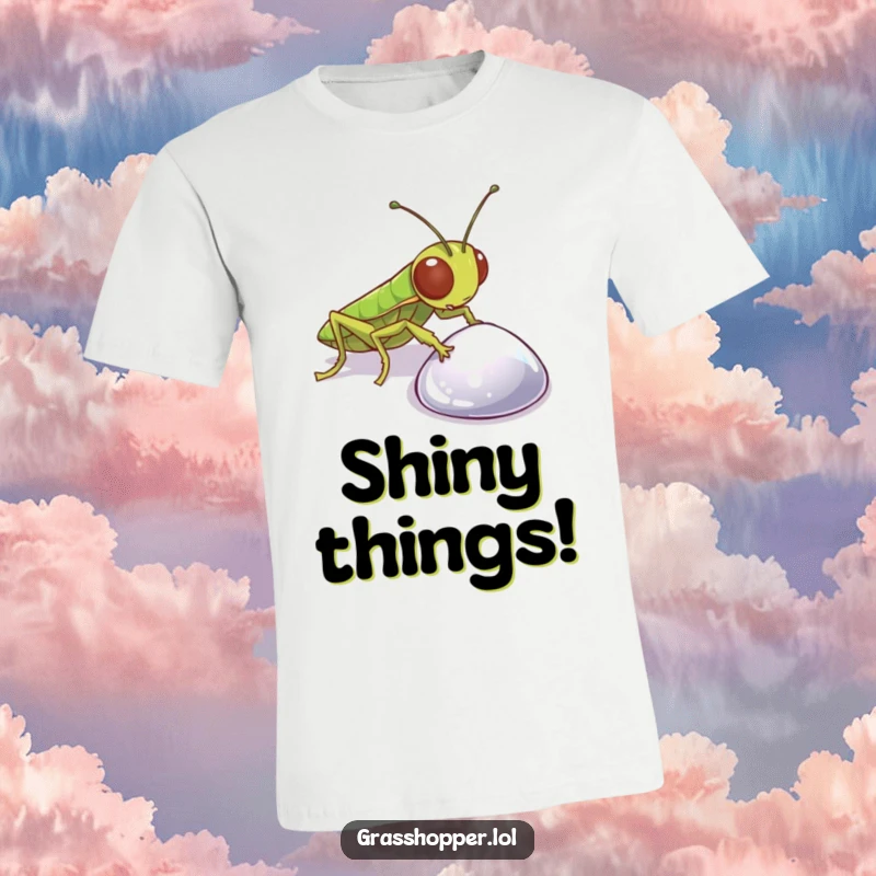 Funny Grasshopper T-Shirt depicting a curious insect inspecting a sparkling pebble, great for casual wear and sparking conversation.