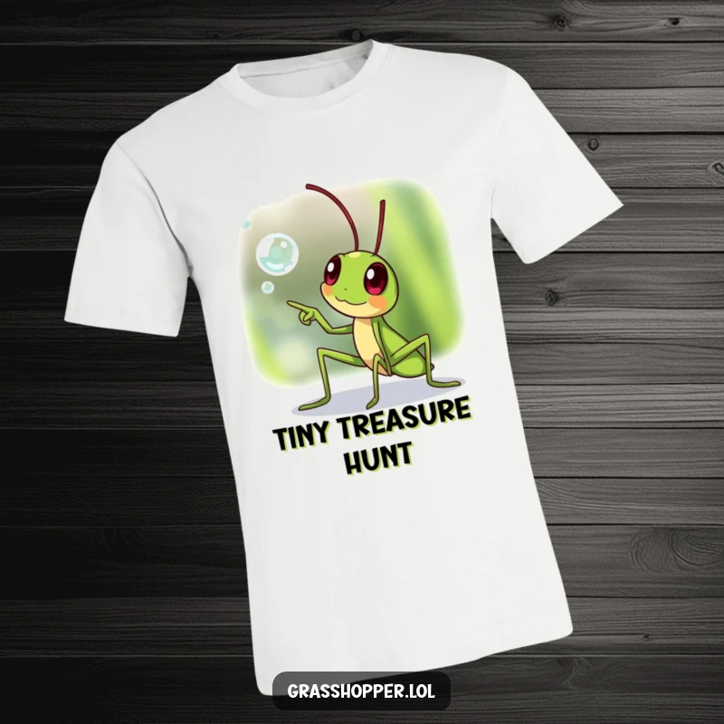 Funny grasshopper t-shirt, excitedly pointing at a sparkling dewdrop, capturing a moment of awe, a funny gift.