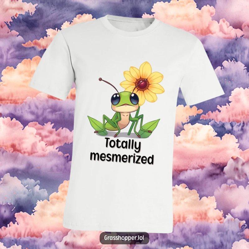 Funny grasshopper t-shirt, with wide, expressive eyes, looking up in sheer amazement at a beautiful flower.