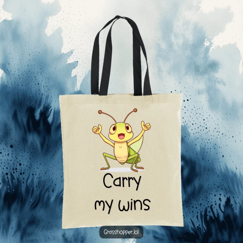 Funny Tote Bag with a grasshopper holding antennae high in a triumphant cheer, perfect for carrying essentials with celebratory flair.