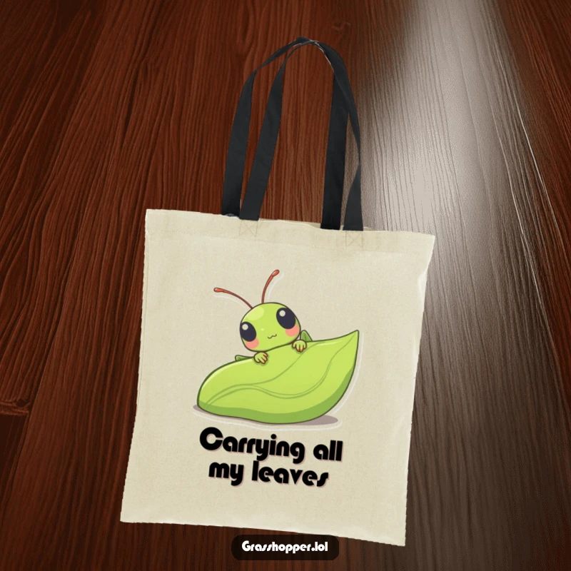 Funny kawaii grasshopper peeking from behind a big leaf, a cute and charming illustration on this reusable tote bag.