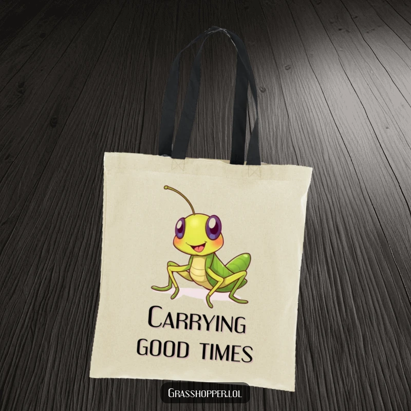 Funny grasshopper tote bag featuring a wide smiling insect cheerfully inviting others. Great for shopping and carrying funny gifts.