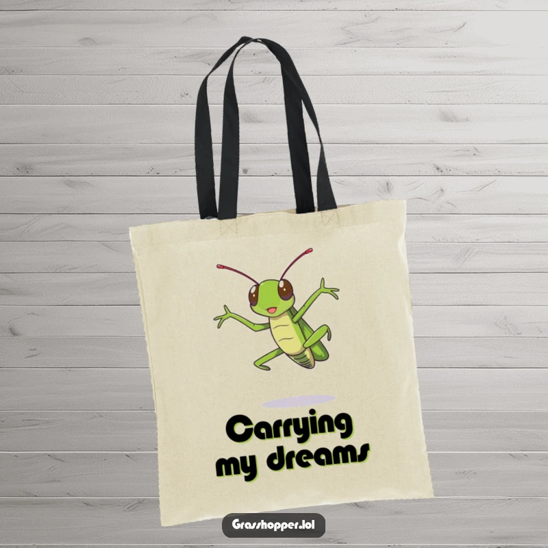 Funny grasshopper tote bag featuring a grasshopper in a dynamic, dramatic jump pose, showcasing an active and humorous design.