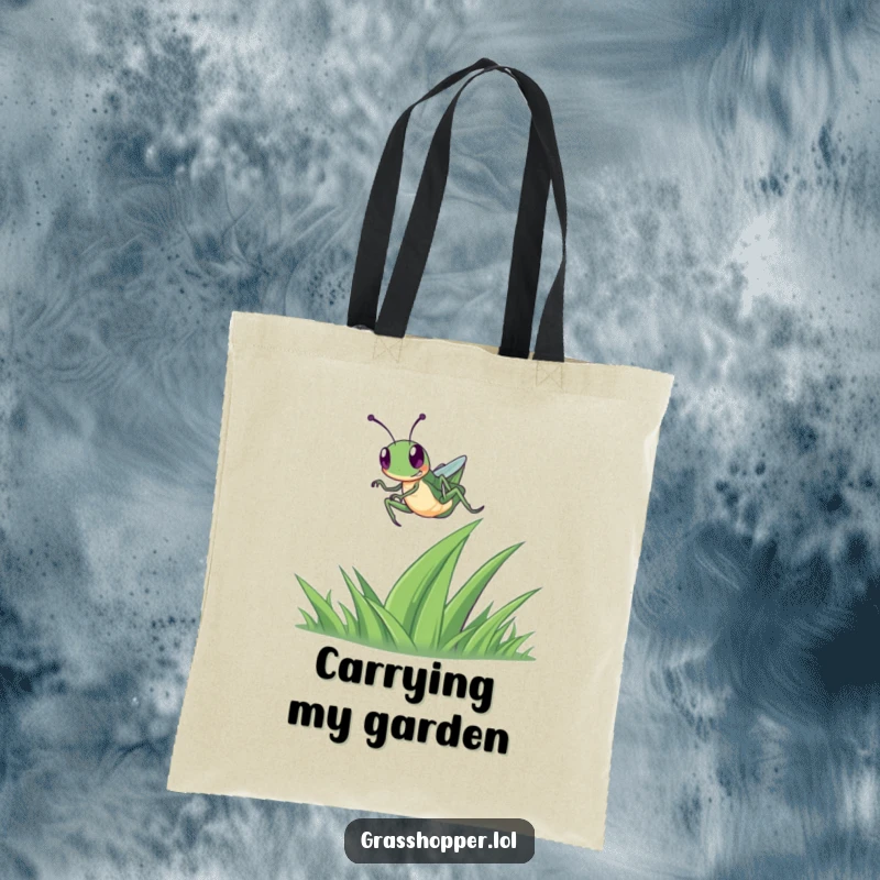 Funny Grasshopper Tote Bag showing a happy grasshopper in mid-leap over a blade of grass, perfect for carrying everyday items.