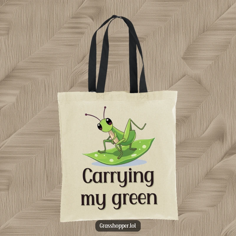 Funny Tote Bag: A grasshopper doing a cartwheel on a dewy leaf, ready for any adventure.