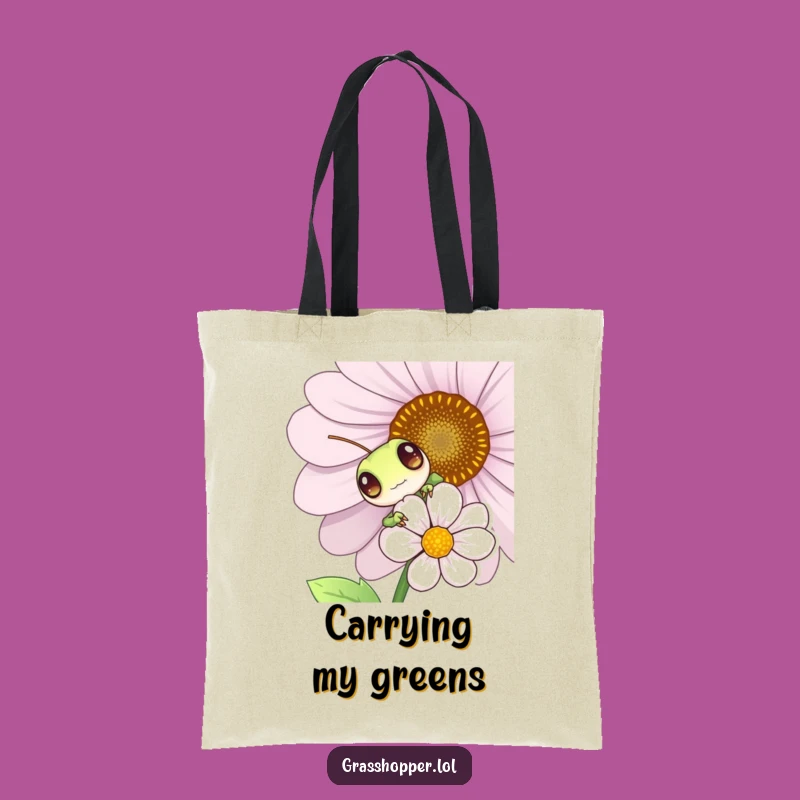 Funny Grasshopper Tote Bag - Playful Flower Peeking Design, Humorous Shopping Bag
