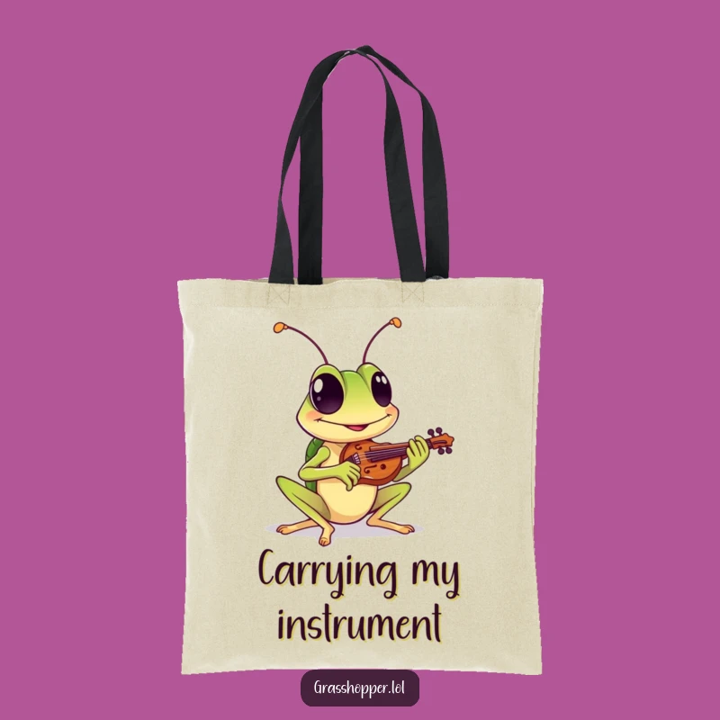 Funny Grasshopper Tote Bag: Grinning Musician, Tiny Violin Humor Gift