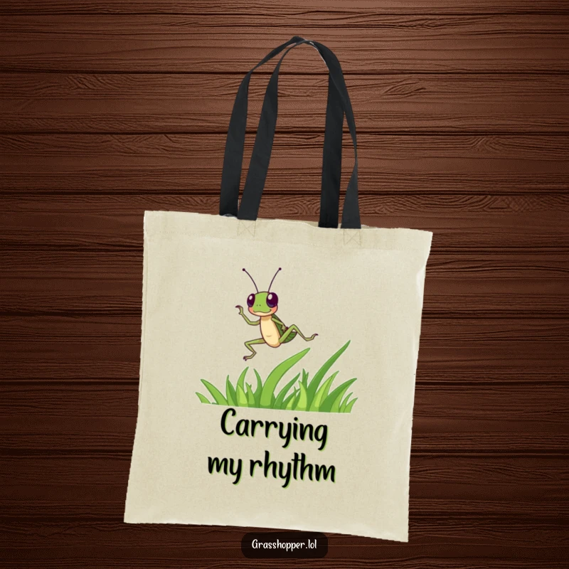 Funny grasshopper character dances energetically on a blade of grass on this tote bag, a vibrant funny gift.
