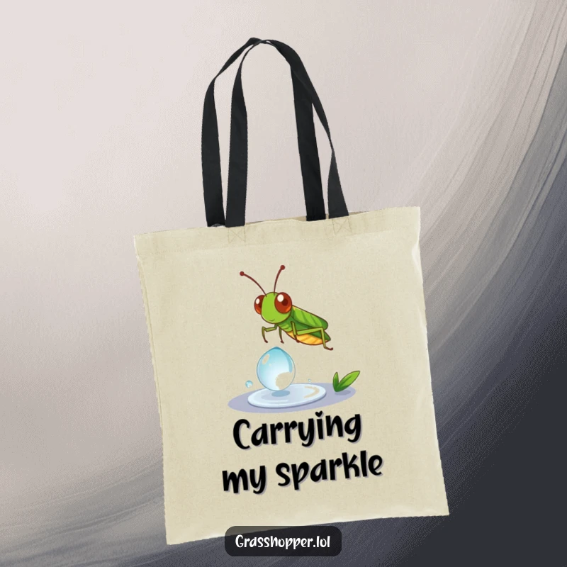Funny Grasshopper Tote Bag illustrating a grasshopper spinning playfully on a dewdrop, perfect for shopping.