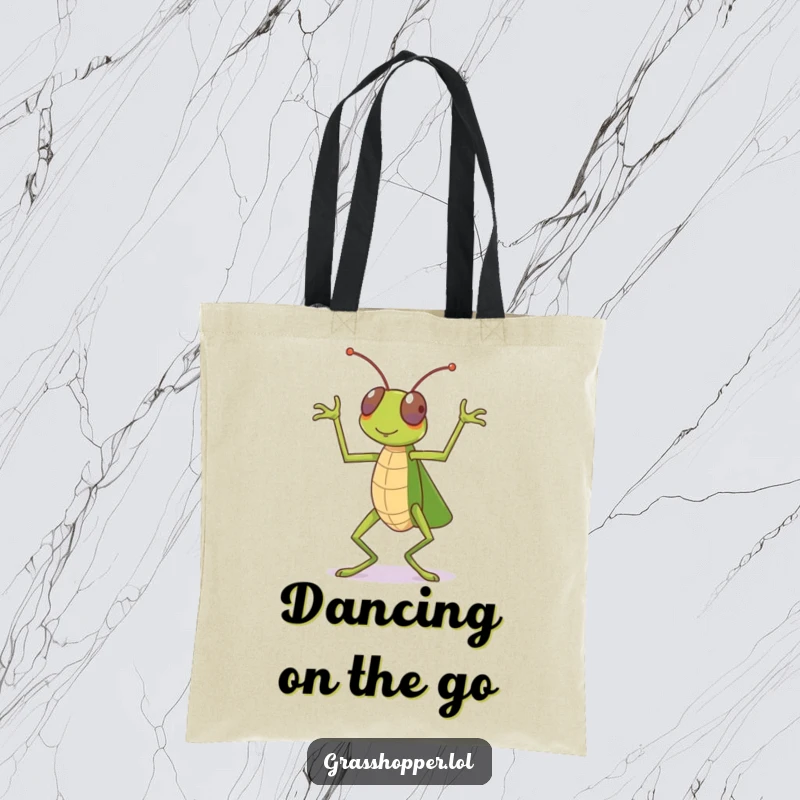 Funny grasshopper tote bag, mid-dance celebration with legs in motion, great for errands, a funny gift.