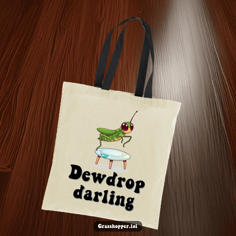 Funny Tote Bag with a grasshopper energetically bouncing on a dewdrop, serving as a tiny trampoline, perfect for carrying fun.
