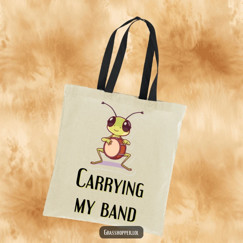 Funny grasshopper tote bag, energetically playing a tiny drum with its front legs, bringing the beat.