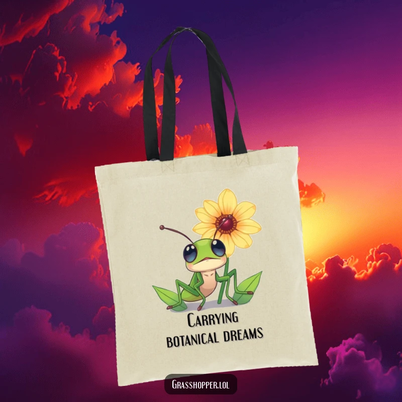 Funny grasshopper tote bag, with wide, amazed eyes, looking up towards a glorious, magnificent flower.