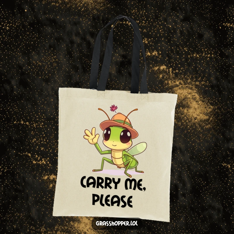 Funny Grasshopper Tote Bag with a hat-wearing insect waving hello, ideal for shopping and daily use.