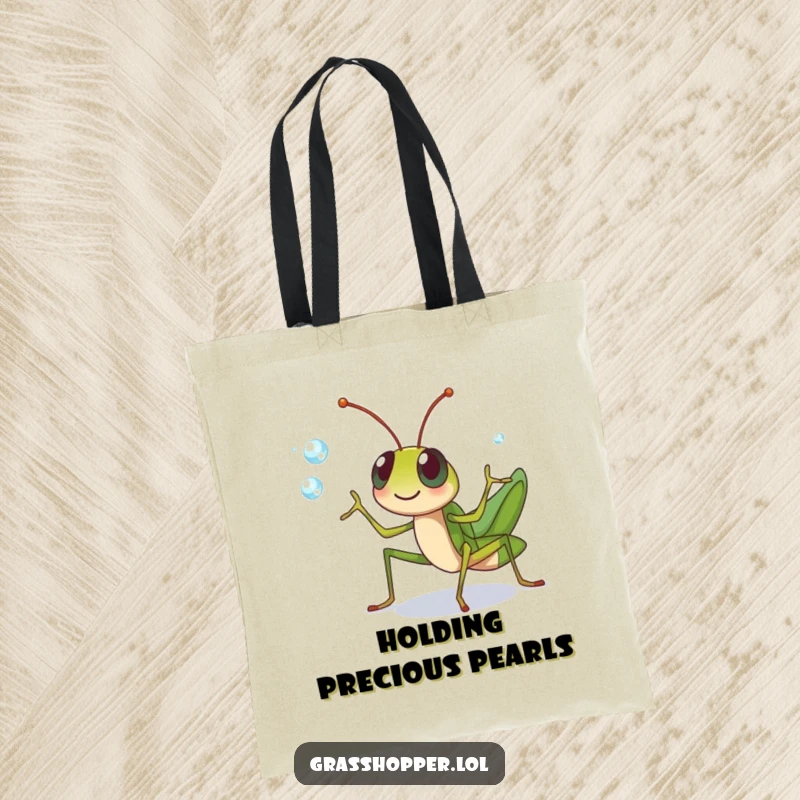 Funny grasshopper character cheerfully juggling dewdrops with its legs on this tote bag, a delightful funny gift.
