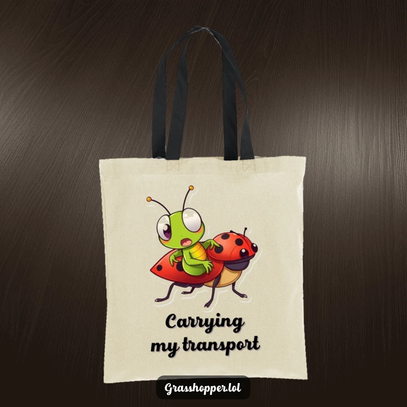 Funny Grasshopper Tote Bag with a grasshopper looking surprised while riding a ladybug, great for shopping.