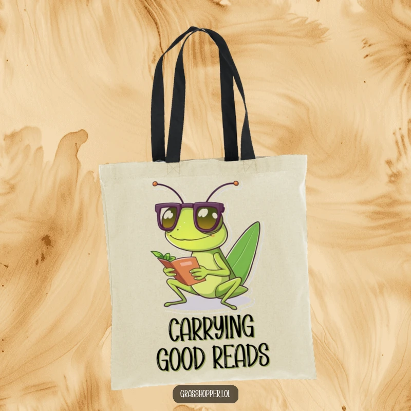 Funny grasshopper wearing tiny spectacles reads a small leaf, printed on a durable tote bag.