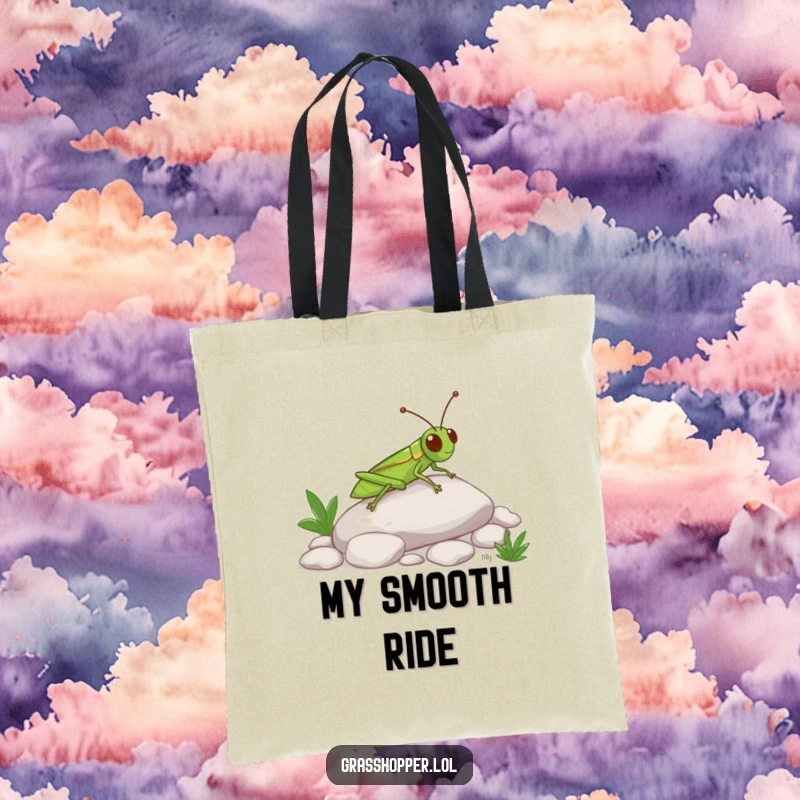 Funny Grasshopper Tote Bag showing a happy insect sliding down a pebble, ideal for shopping and carrying your fun finds.