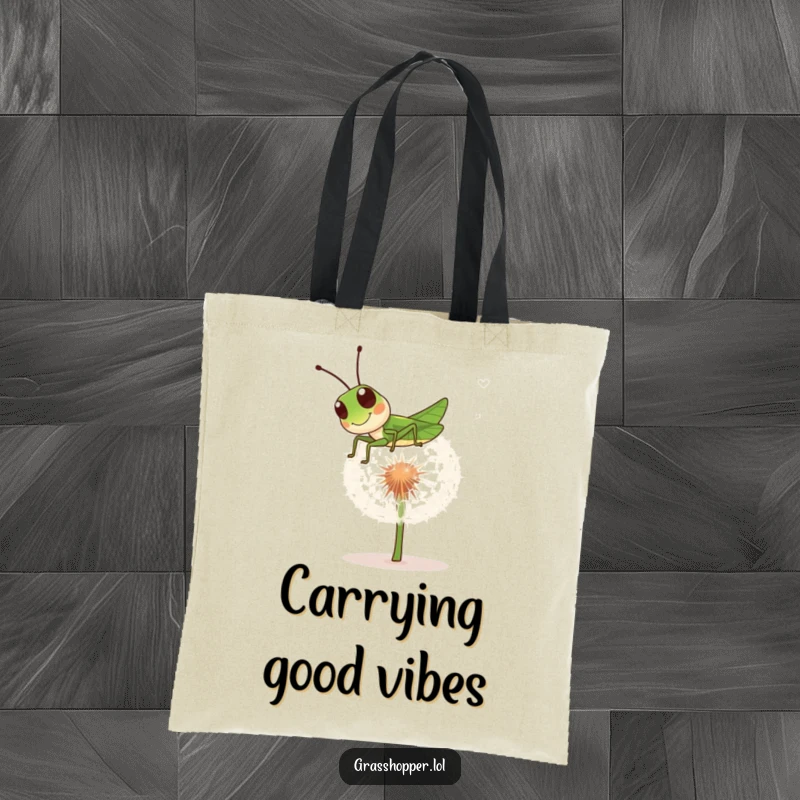 Funny grasshopper tote bag showing a playful insect bouncing on a dandelion puff, perfect for carrying items with cheer.