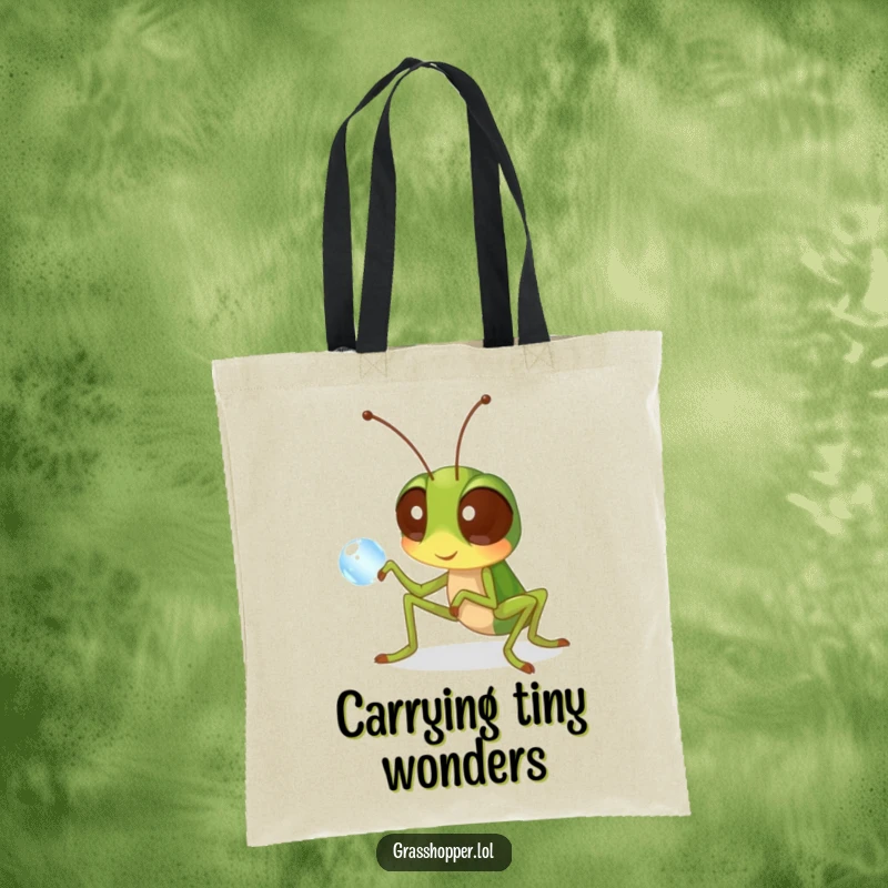 Funny grasshopper tote bag showing a curious insect examining a dewdrop, perfect for carrying items with a dose of humor.