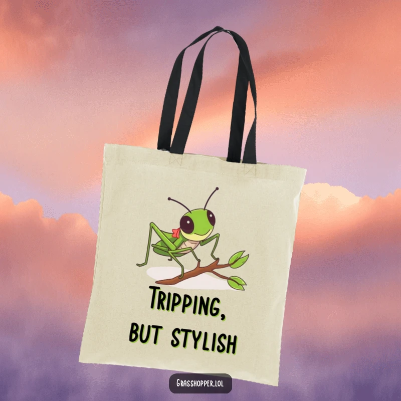 Funny Grasshopper Tote Bag with a grasshopper hilariously tripping over a twig, great for shopping.