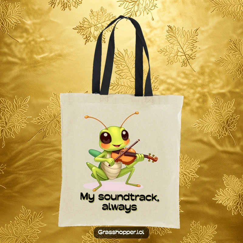 Funny grasshopper playing a tiny violin with a cheerful expression, printed on a durable tote bag.