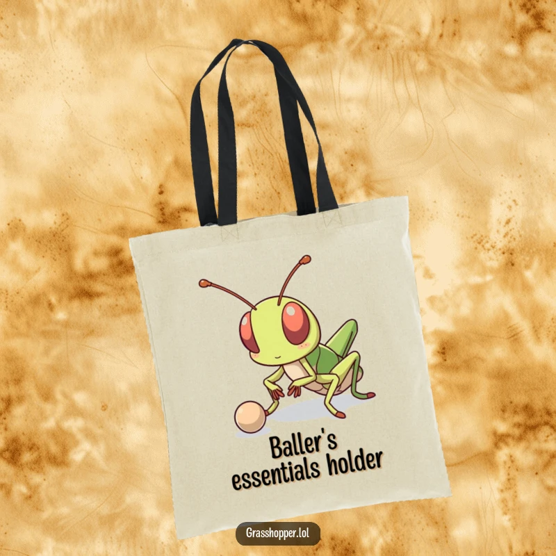 Funny kawaii grasshopper with a determined look, bouncing a ball, depicted on a tote bag for carrying sports equipment.