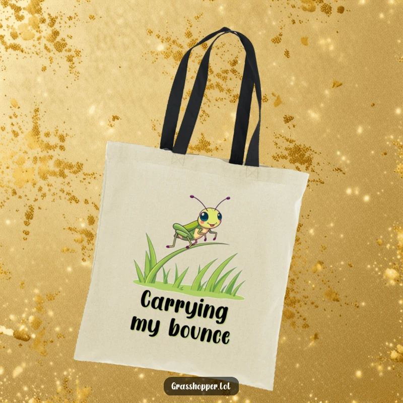 Funny kawaii grasshopper captured mid-bounce on a springy blade of grass, cute and energetic design on a tote bag.