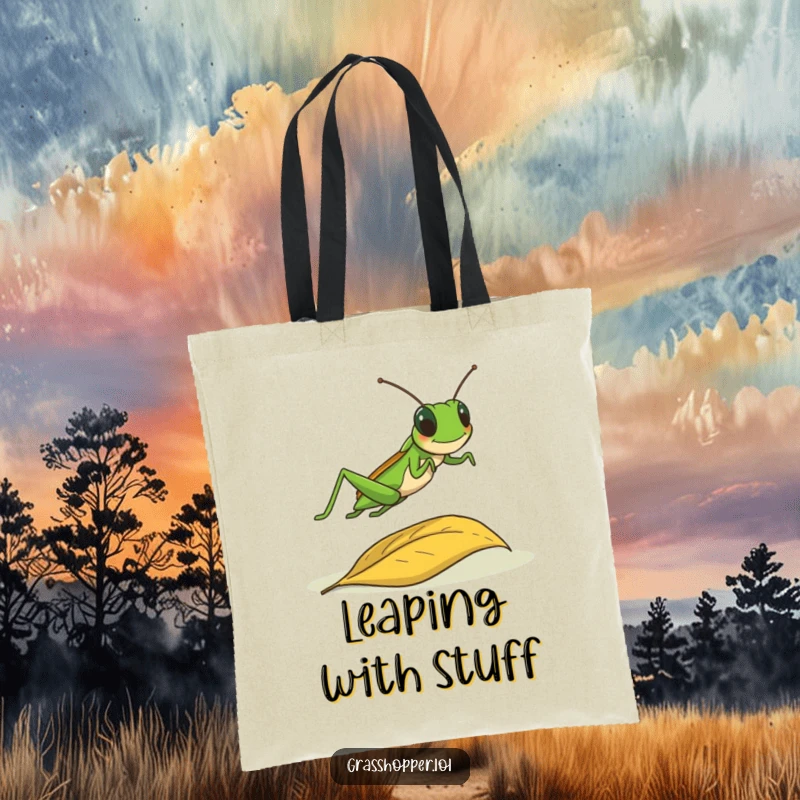 Funny grasshopper in mid-air, leaping over a fallen leaf on a tote bag, adventurous design gift.