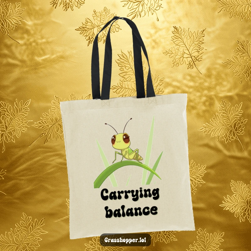 Funny Winking Grasshopper Tote Bag: An insect winking while balancing, perfect for carrying your items with funny confidence.
