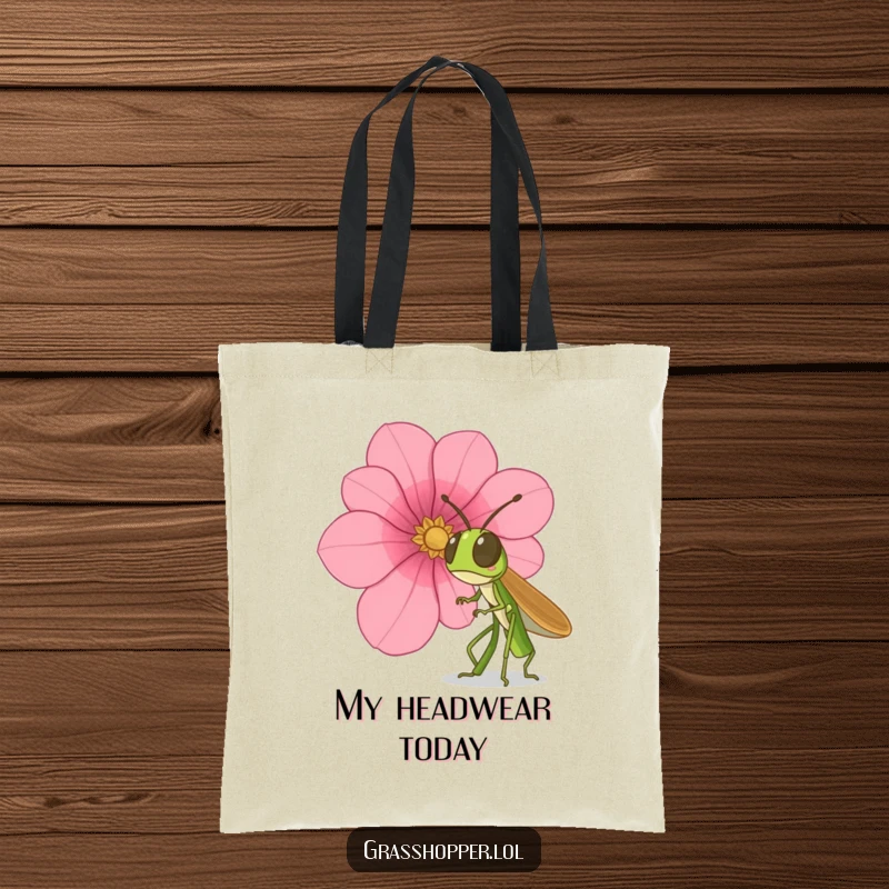 Funny grasshopper tote bag, showing surprise at a falling flower petal, great for shopping, a unique and funny gift.