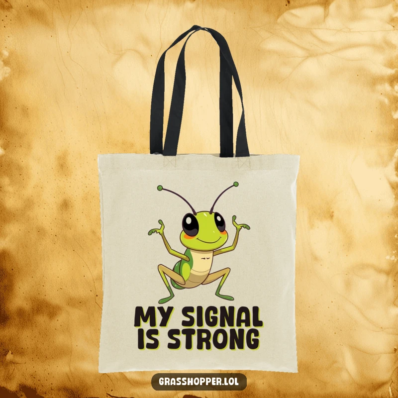 Funny Tote Bag: A grasshopper enthusiastically waving its antenna, ready to spread cheerful greetings.